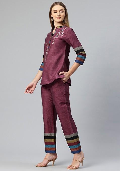 Pink Embroidered Pure Cotton Ethnic Coords