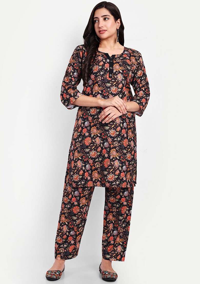 Black Floral Printed Linen Cotton Ethnic Tunic With Trouser - Indya