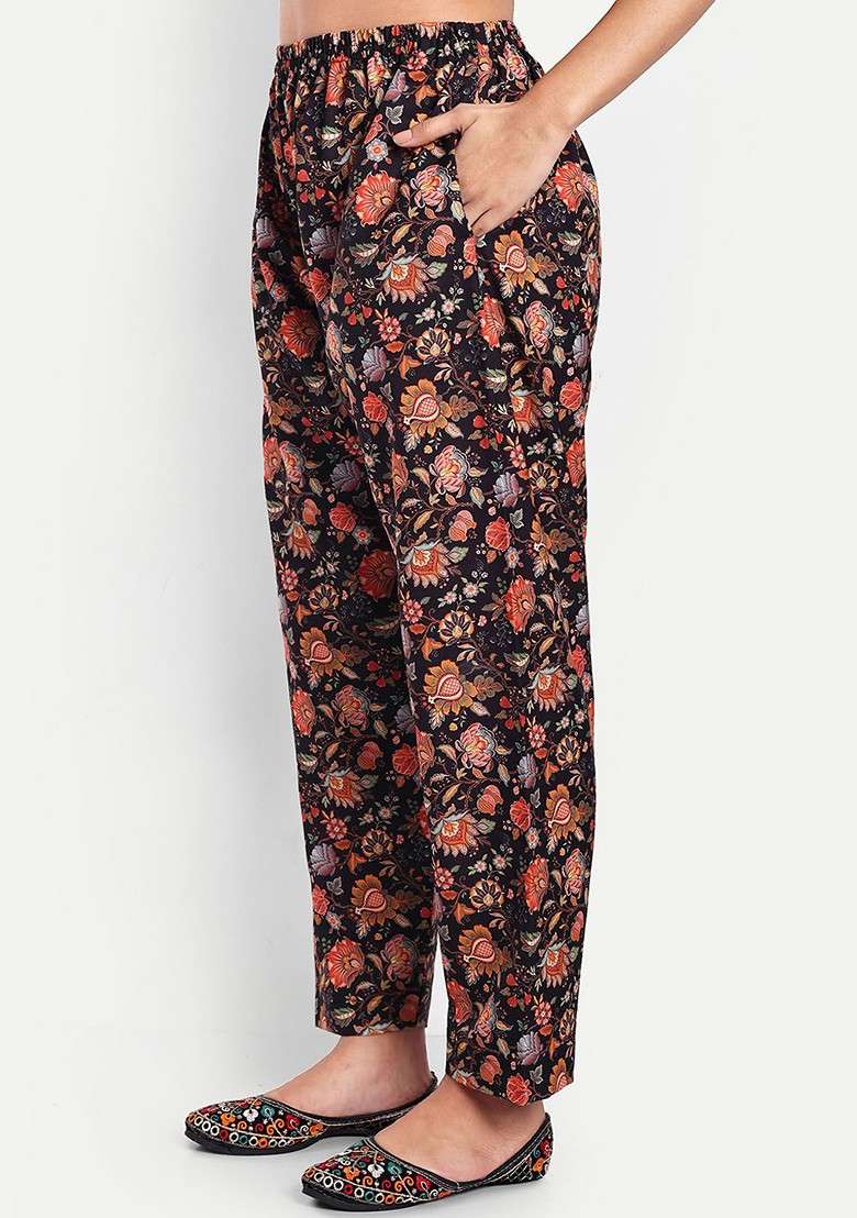 Black Floral Printed Linen Cotton Ethnic Tunic With Trouser - Indya