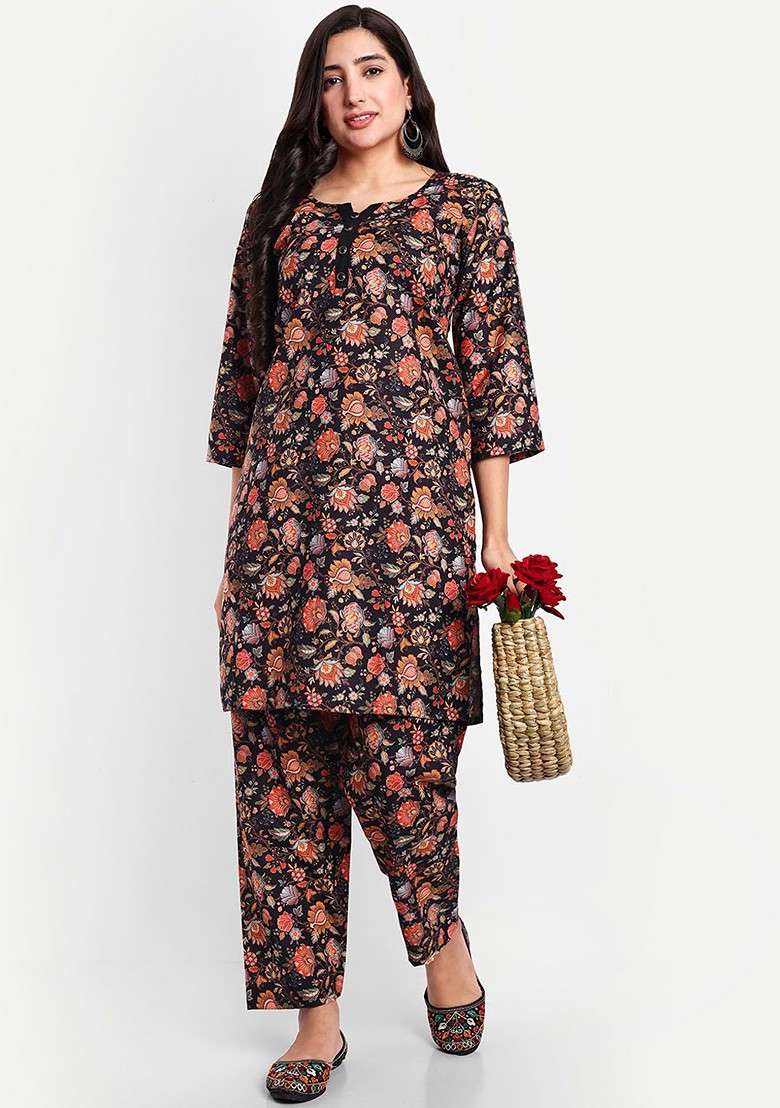 Black Floral Printed Linen Cotton Ethnic Tunic With Trouser - Indya