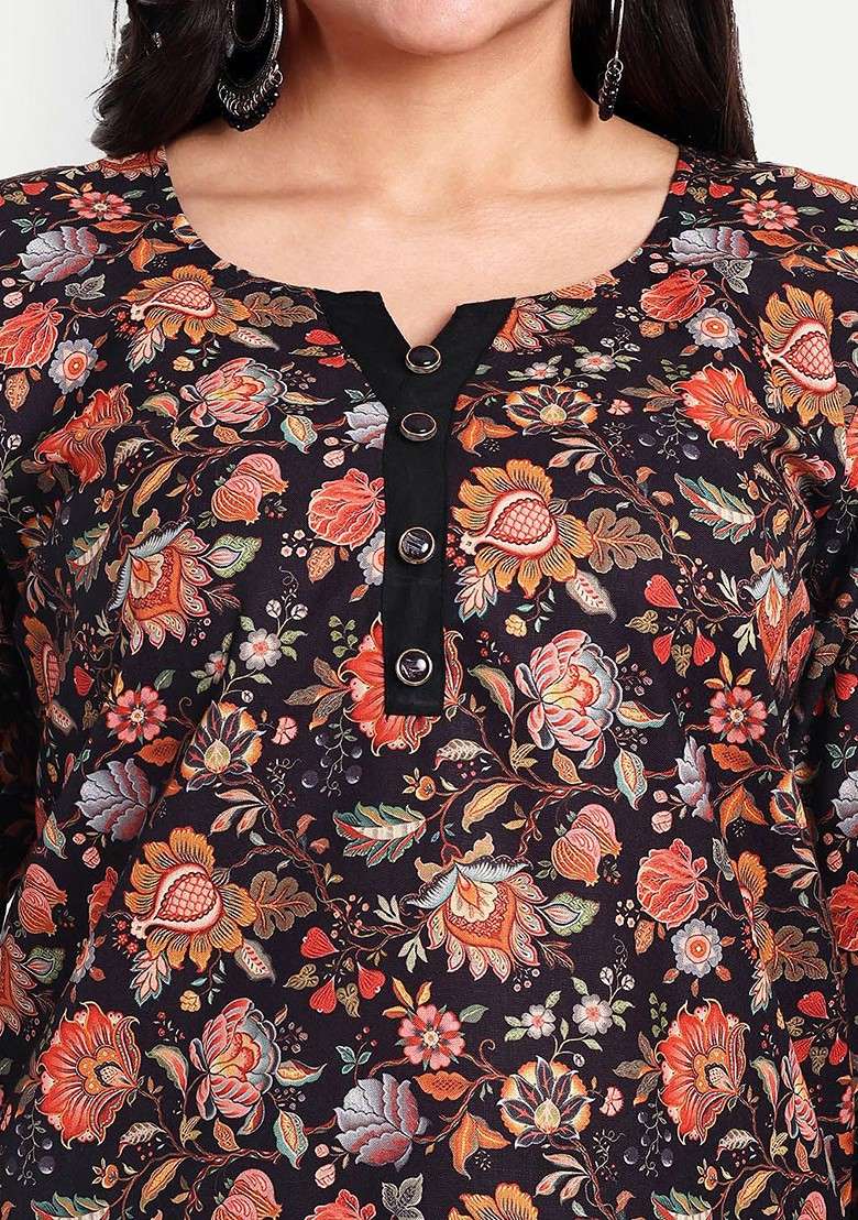 Black Floral Printed Linen Cotton Ethnic Tunic With Trouser - Indya