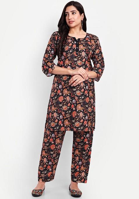 Black Floral Printed Linen Cotton Ethnic Tunic With Trouser — view on Indya