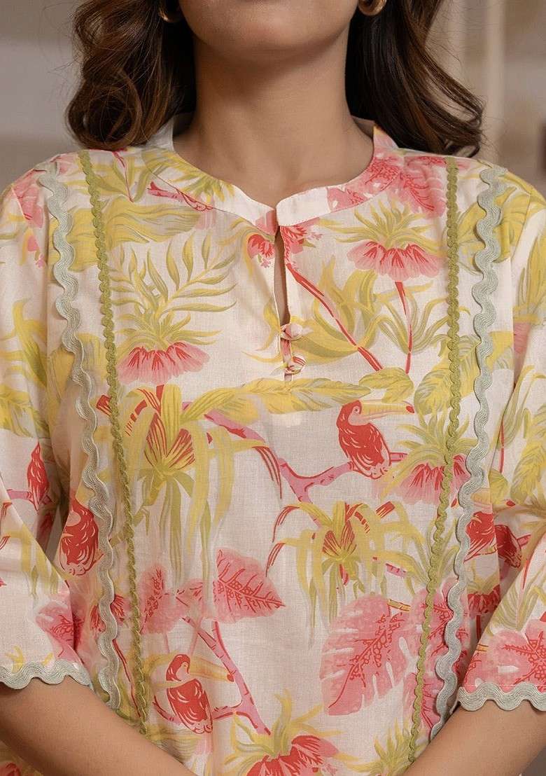 White Floral Printed Mandarin Collar Pure Cotton Tunic Ith Trousers - Indya