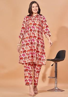 Beige Ethnic Motifs Printed Aline Kurta With Trousers