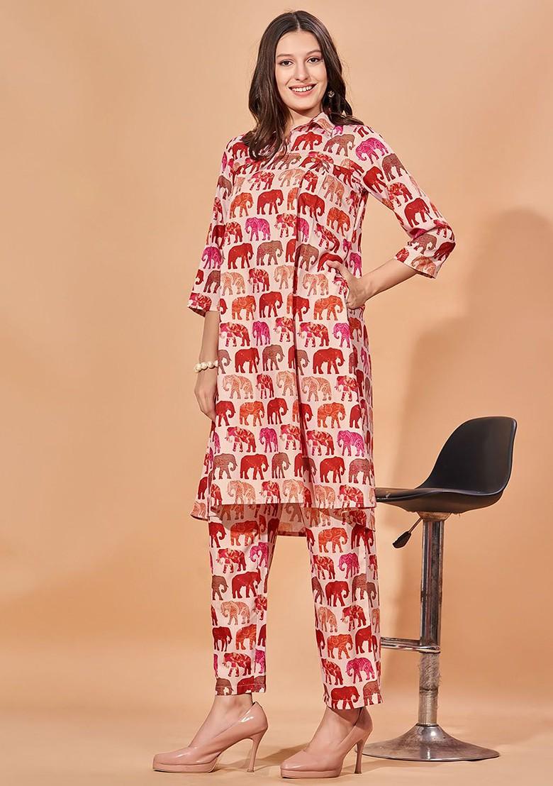 Beige Ethnic Motifs Printed Aline Kurta With Trousers - Indya