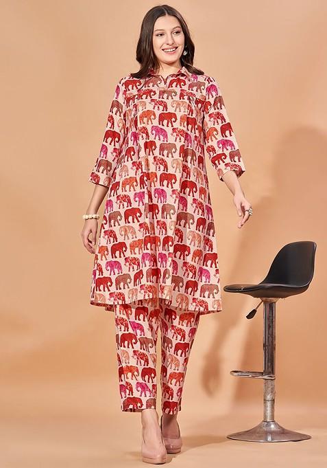 Beige Ethnic Motifs Printed Aline Kurta With Trousers