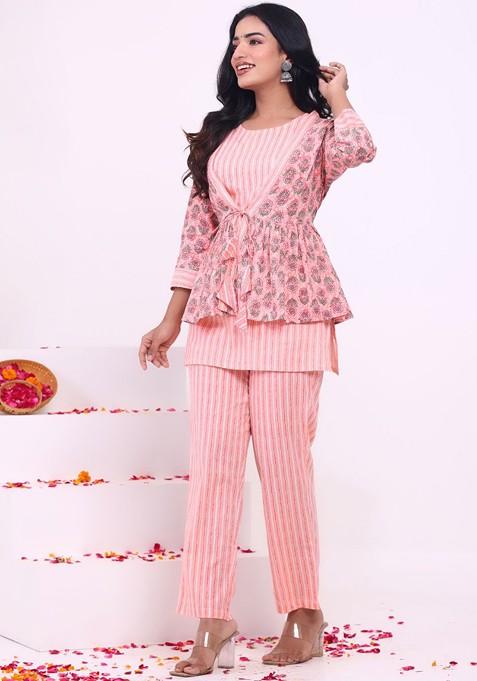 Peach Round Neck Striped Pure Cotton Top And Trousers With Jacket