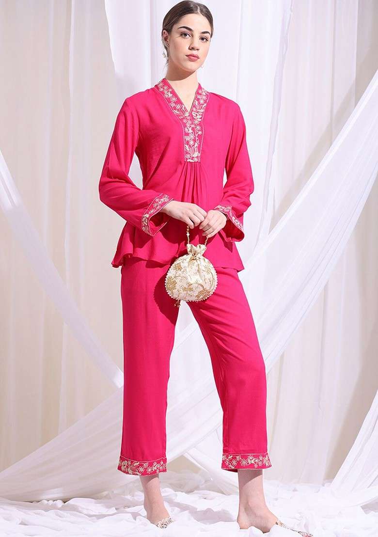 Magenta Embroidered Straight Top And Trouser - Indya