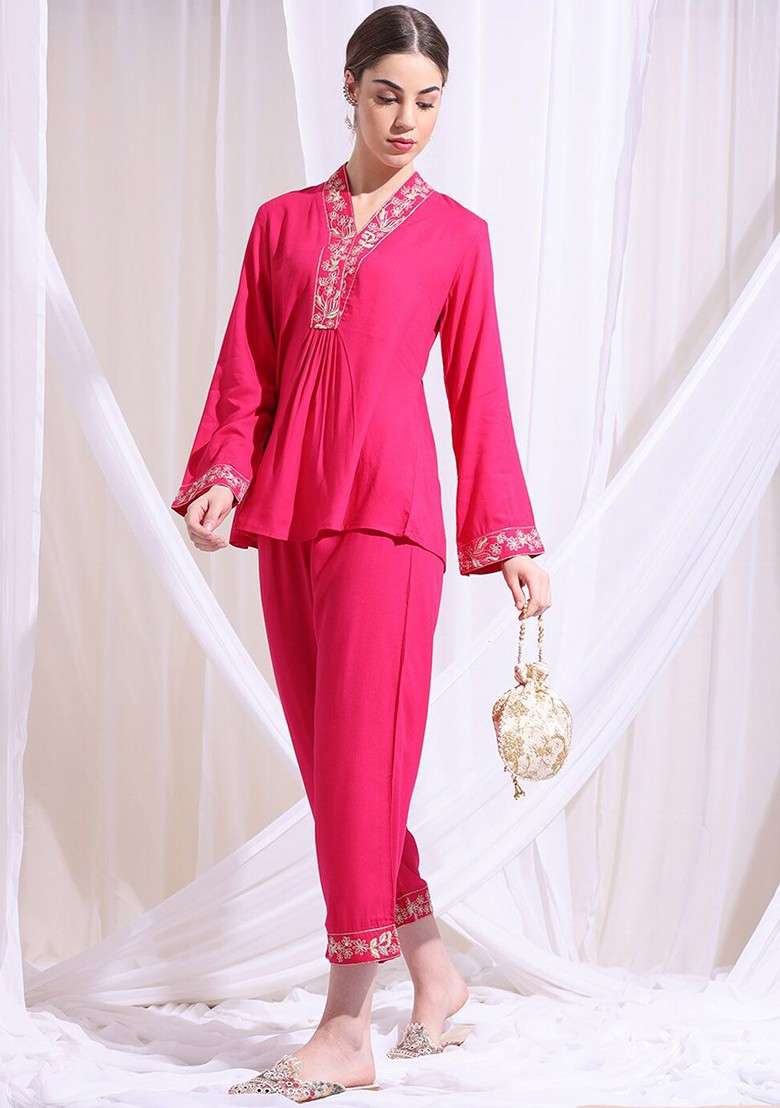 Magenta Embroidered Straight Top And Trouser - Indya