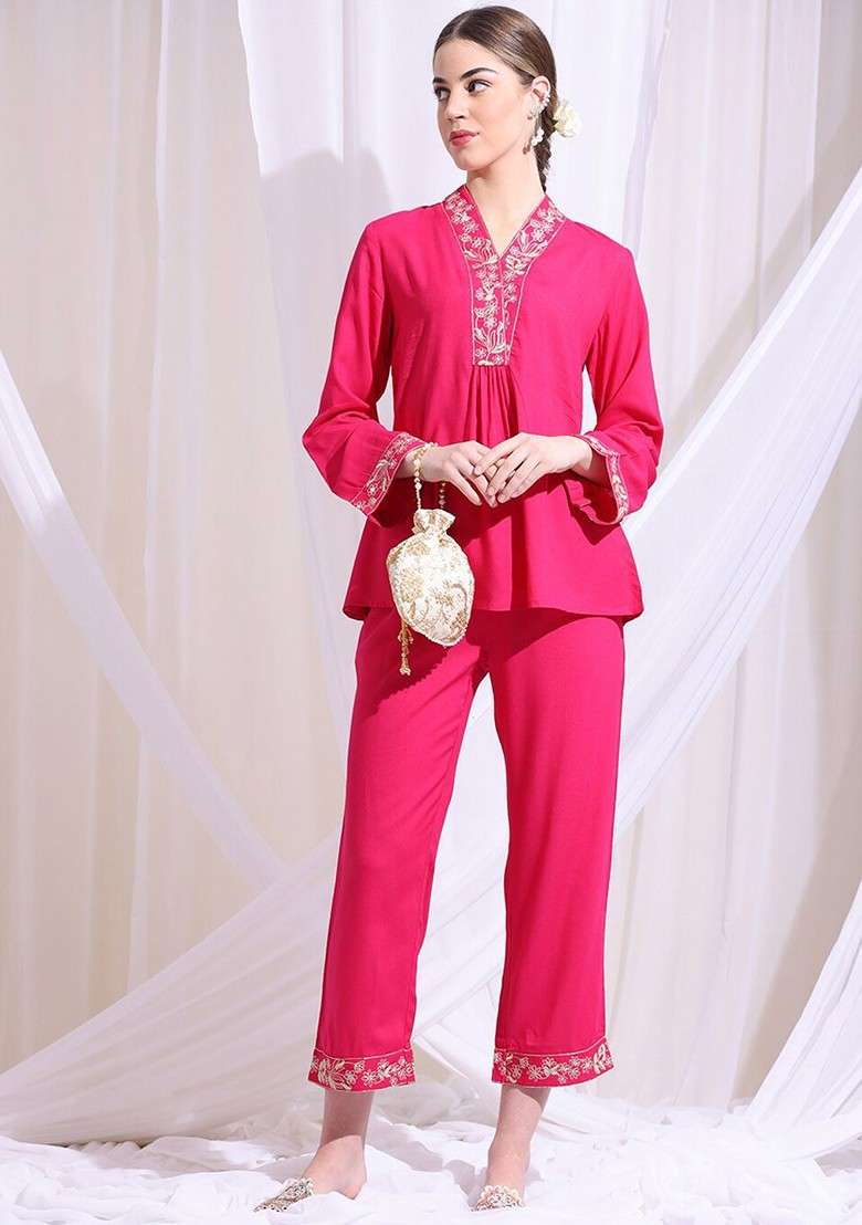 Magenta Embroidered Straight Top And Trouser - Indya