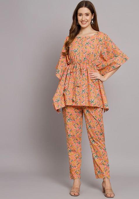Peach Floral Printed Round Neck Caftan With Trousers