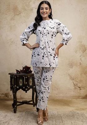 White Floral Printed Pure Cotton Top Ith Trousers Coords