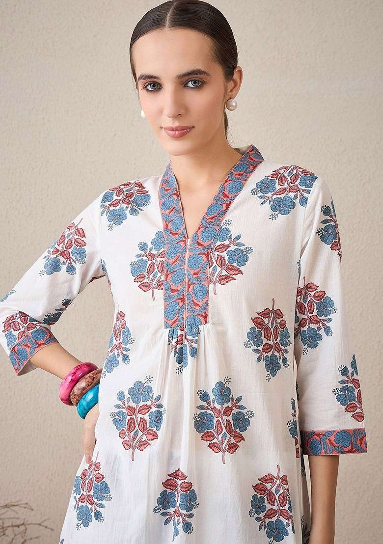 White Floral Printed Vneck Pure Cotton Tunic With Trouser - Indya