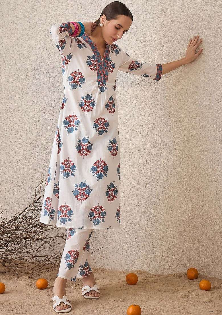 White Floral Printed Vneck Pure Cotton Tunic With Trouser - Indya
