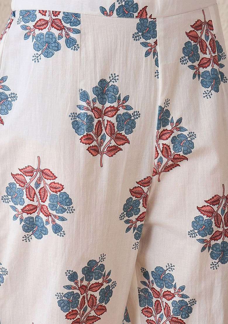 White Floral Printed Vneck Pure Cotton Tunic With Trouser - Indya
