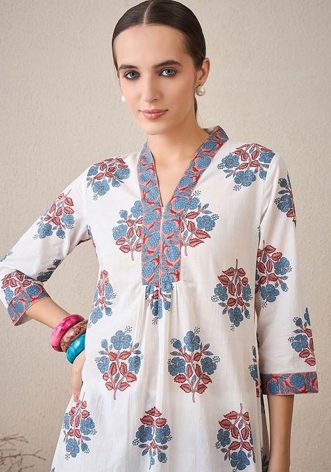 White Floral Printed Vneck Pure Cotton Tunic With Trouser