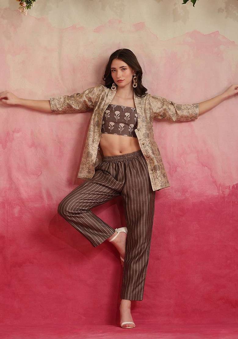 Brown Floral Printed Croppedtop With Trouser And Jacket Coords - Indya