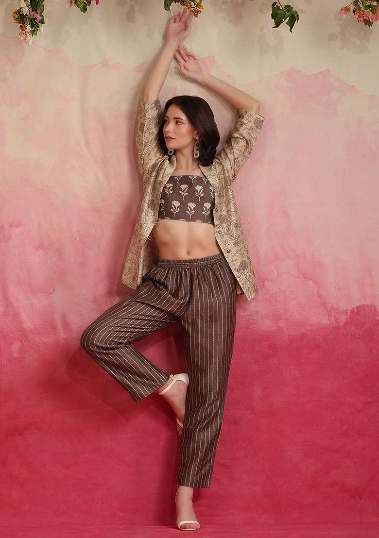 Brown Floral Printed Croppedtop With Trouser And Jacket Coords - Indya