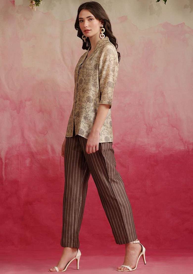 Brown Floral Printed Croppedtop With Trouser And Jacket Coords - Indya