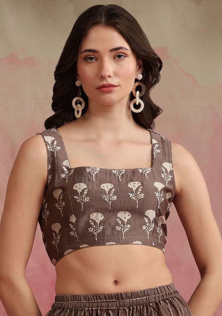 Brown Floral Printed Croppedtop With Trouser And Jacket Coords - Indya