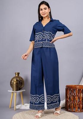 Blue Embroidered Pure Cotton Shirt Collar Neck Top And Palazzo Coords