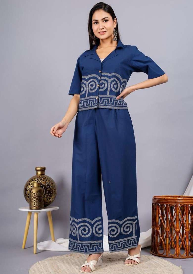 Blue Embroidered Pure Cotton Shirt Collar Neck Top And Palazzo Coords - Indya