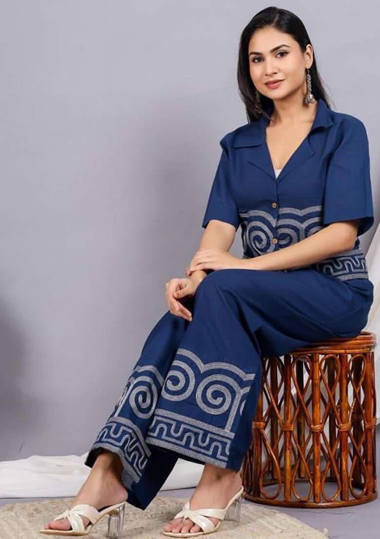 Blue Embroidered Pure Cotton Shirt Collar Neck Top And Palazzo Coords - Indya