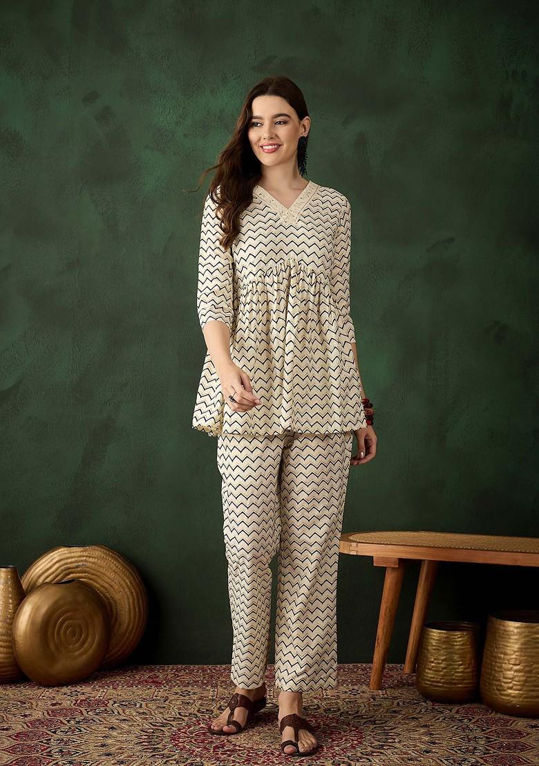 Off White Geometric Printed Vneck Tunic With Trouser - Indya