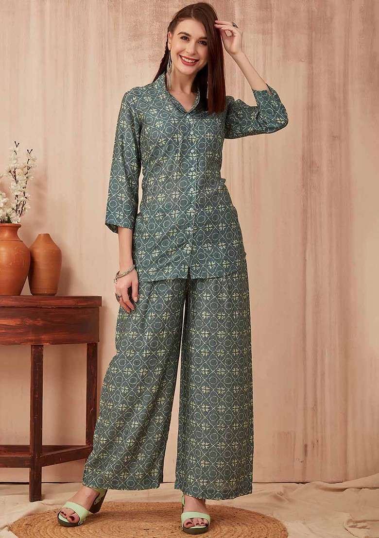 Grey Casual Printed Vneck Tunic And Trousers - Indya