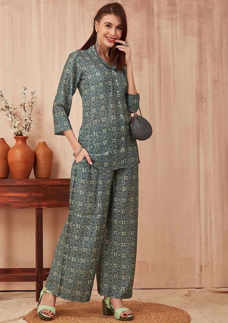 Grey Casual Printed Vneck Tunic And Trousers - Indya