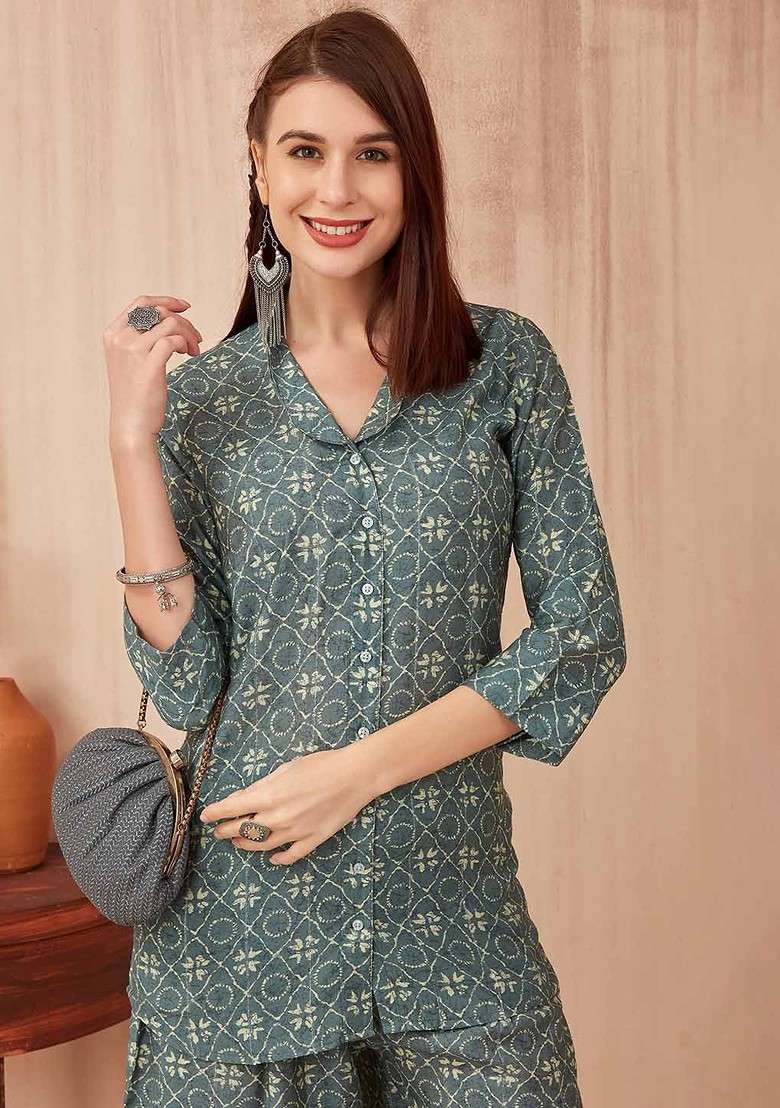 Grey Casual Printed Vneck Tunic And Trousers - Indya