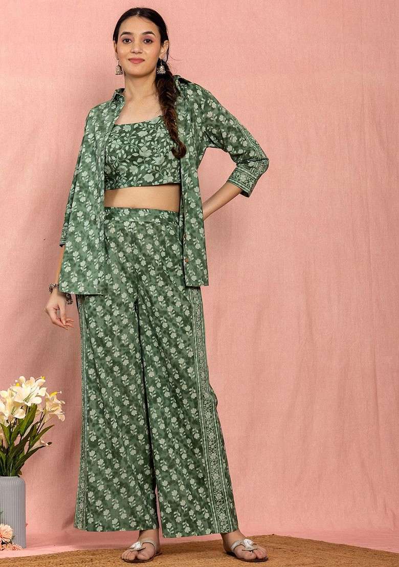 Green Printed Shoulder Strap Neck Top And Palazzo With Shirt Coords - Indya