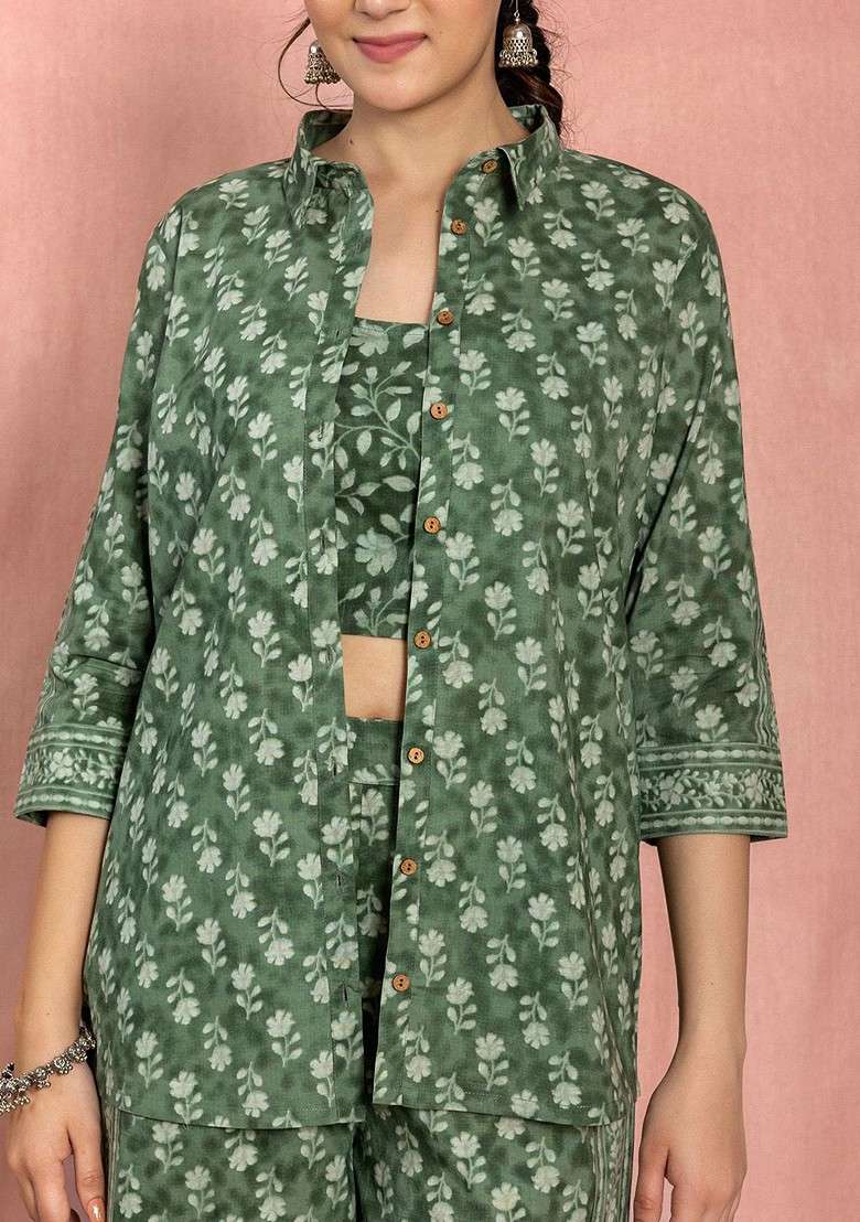 Green Printed Shoulder Strap Neck Top And Palazzo With Shirt Coords - Indya