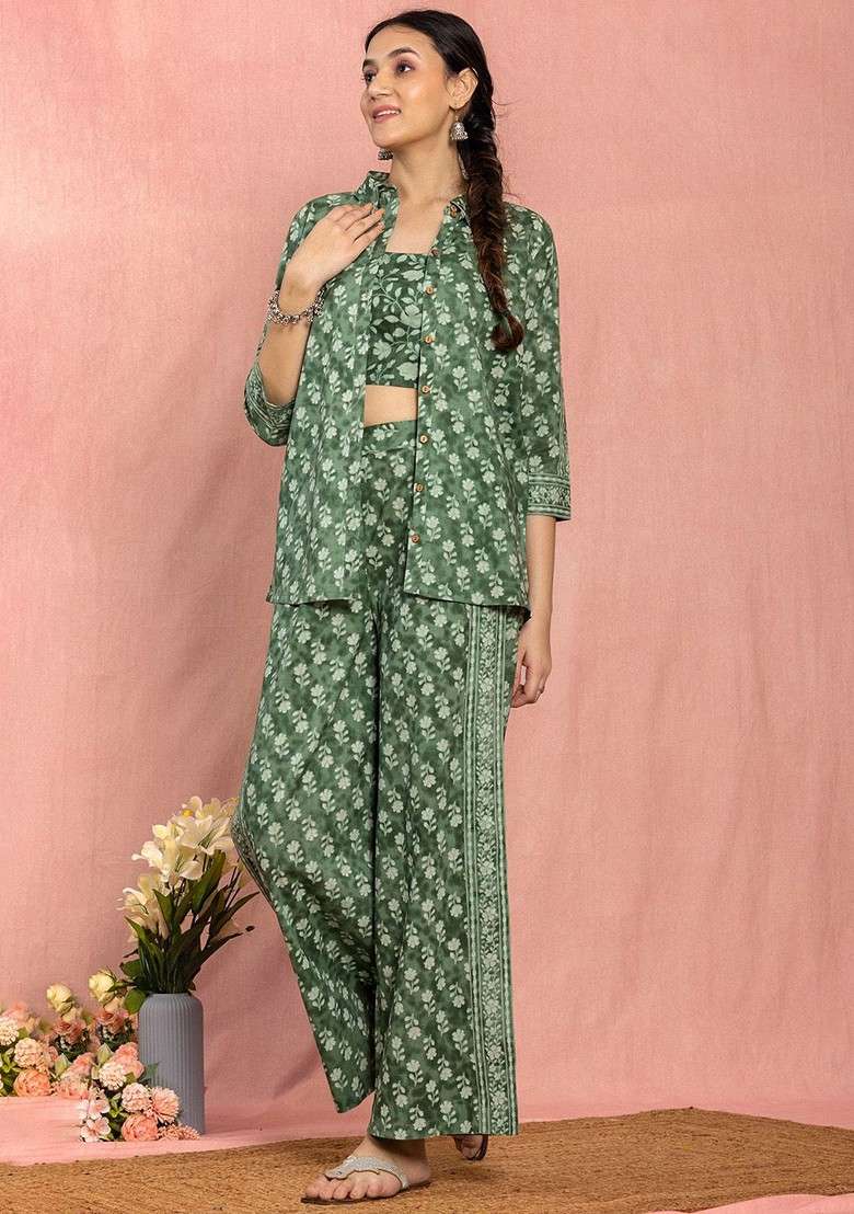 Green Printed Shoulder Strap Neck Top And Palazzo With Shirt Coords - Indya