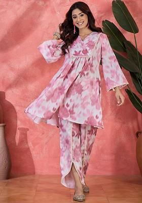 Pink Digital Printed Vneck Tunic And Trouser Coord Set