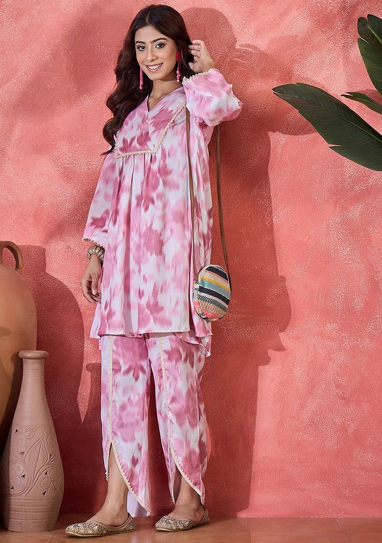 Pink Digital Printed Vneck Tunic And Trouser Coord Set