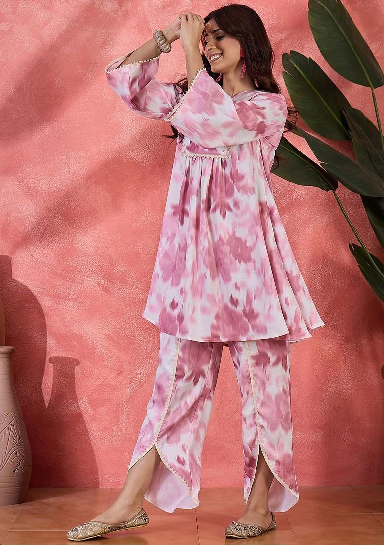 Pink Digital Printed Vneck Tunic And Trouser Coord Set