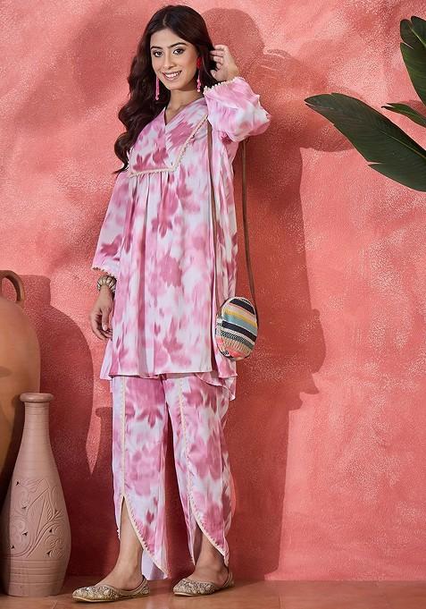 Pink Digital Printed Vneck Tunic And Trouser Coord Set