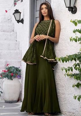 Olive Geometric Embroidered Halter Neck Sequinned Crop Top With Palazzos And Dupatta
