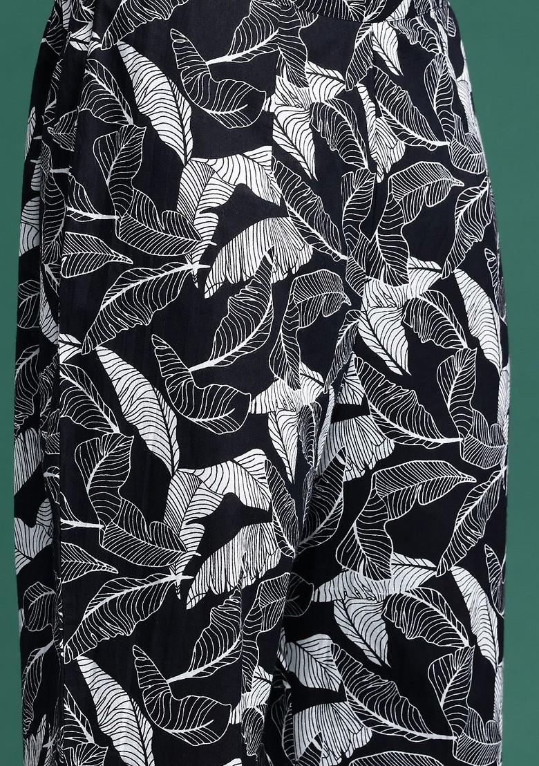 Black Printed Pleated Pure Cotton Tunic With Trousers - Indya