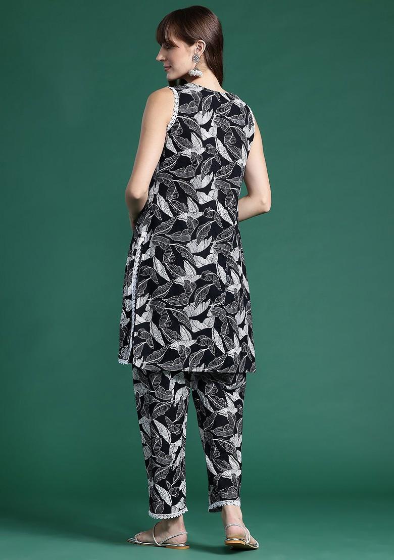 Black Printed Pleated Pure Cotton Tunic With Trousers - Indya