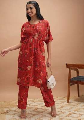 Red Printed Round Neck Kaftan With Pants Coords