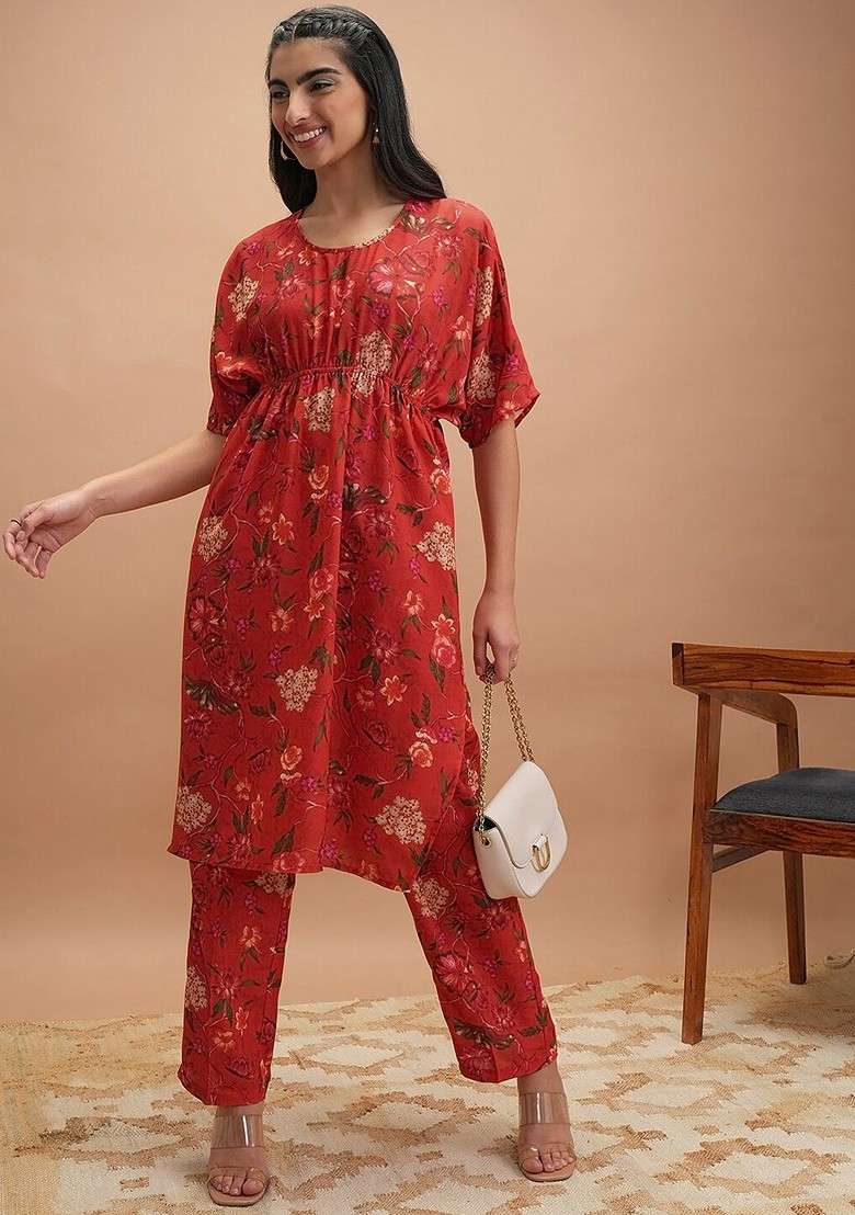 Red Printed Round Neck Kaftan With Pants Coords - Indya