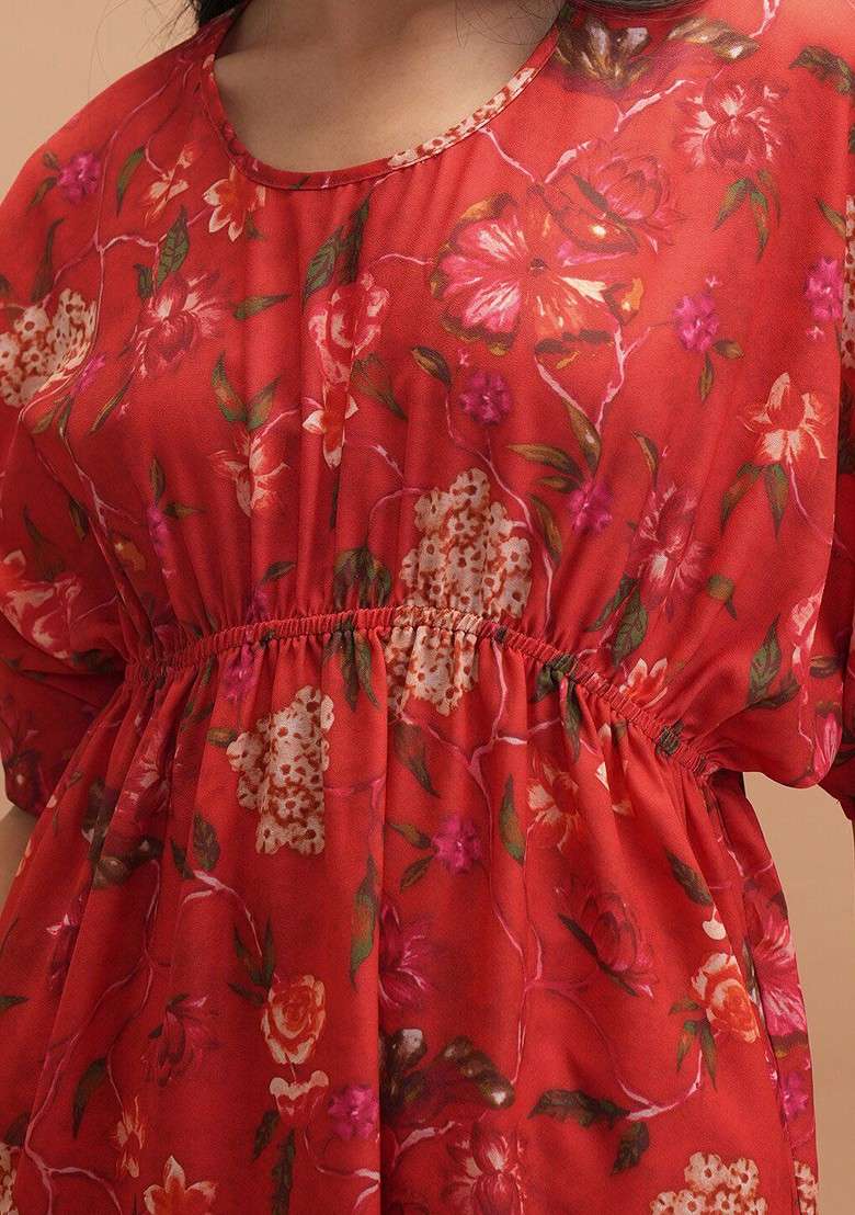 Red Printed Round Neck Kaftan With Pants Coords - Indya