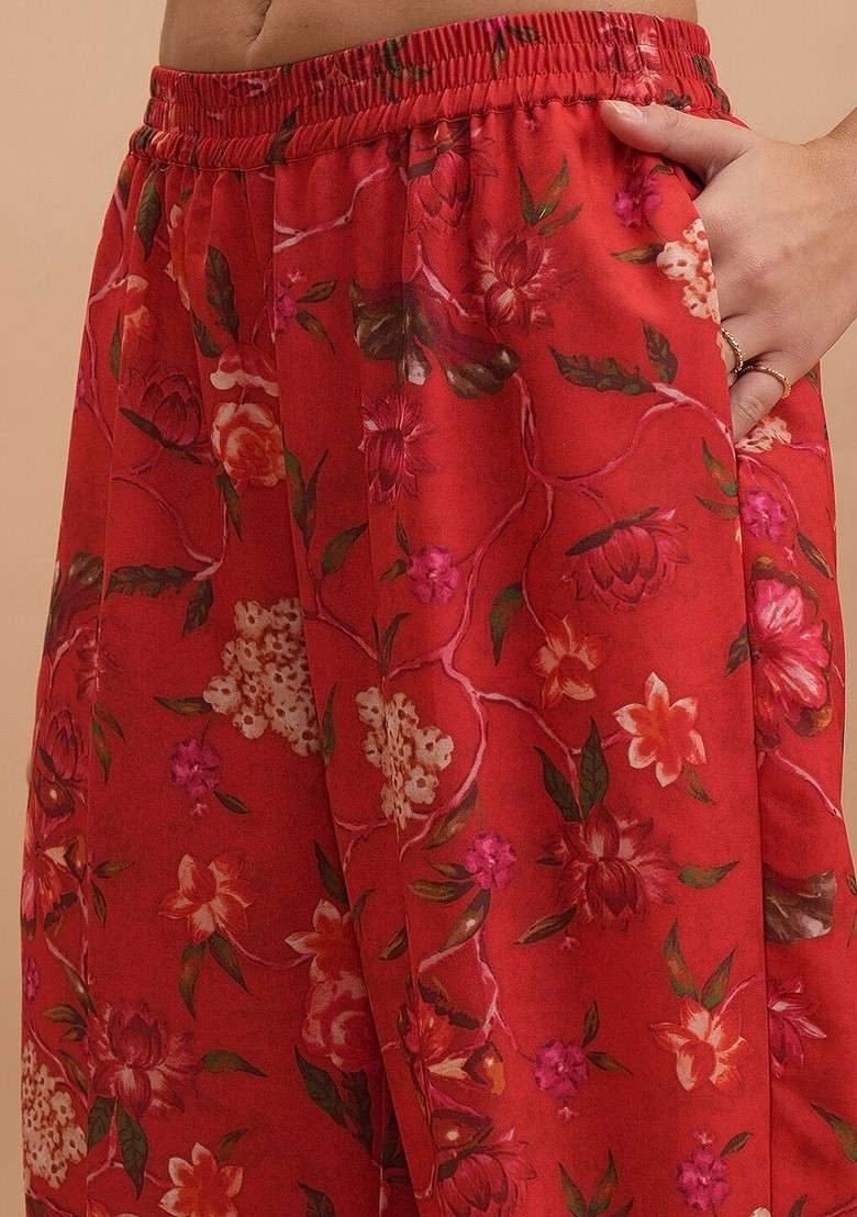 Red Printed Round Neck Kaftan With Pants Coords - Indya