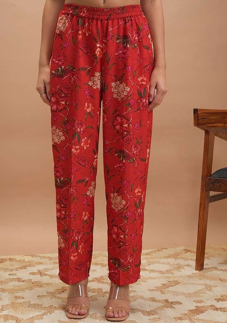 Red Printed Round Neck Kaftan With Pants Coords - Indya