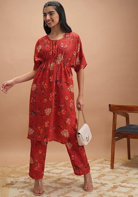 Red Printed Round Neck Kaftan With Pants Coords