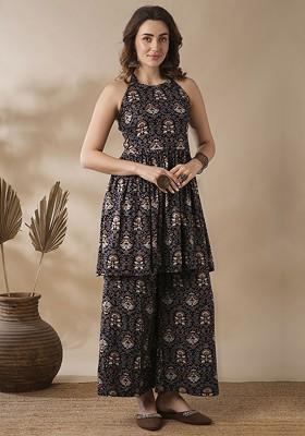 Black Halter Neck Indian Block Print Peplum Tunic And Palazzos Fusion Coord Set
