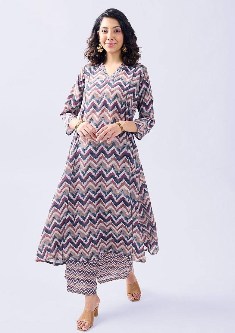Grey Chevron Printed Vneck Threequarter Sleeves Tunic With Palazzo - Indya