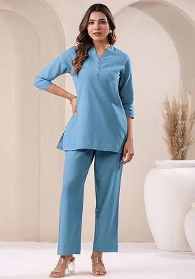 Blue Pure Cotton V Neck Tunic And Trousers Coords